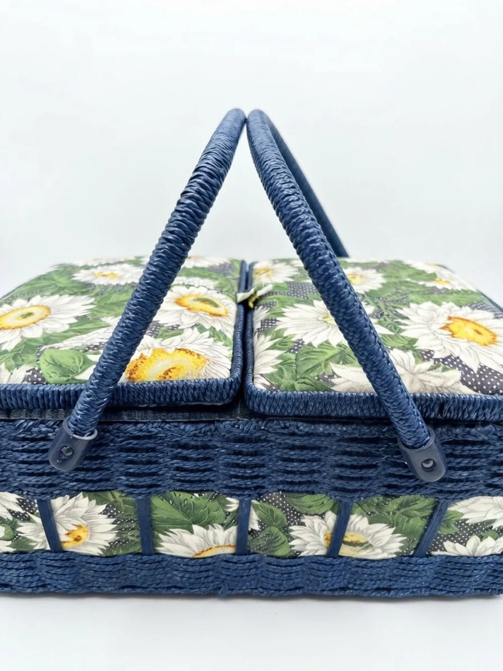 Vtg Wicker Sewing Basket Blue With Sunflowers Storage Box With Handle